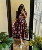 Women’s Floral Printed Rayon Frock Style Kurti – Maroon