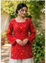 Product Name: Women Printed Short Kurta – Red Bandhani Prin