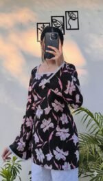 Black Rayon Floral Printed Kurti with Lace Detail | Full Sleeve