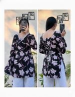 Black Rayon Floral Printed Kurti with Lace Detail | Full Sleeve - Image 3