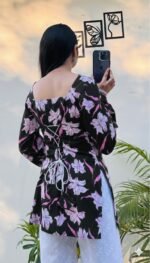 Black Rayon Floral Printed Kurti with Lace Detail | Full Sleeve - Image 2