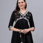 Women’s Black Embroidered Rayon Flared Kurta | 3/4 Sleeve Ethnic Kurti