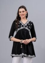 Women’s Black Embroidered Rayon Flared Kurta | 3/4 Sleeve Ethnic Kurti
