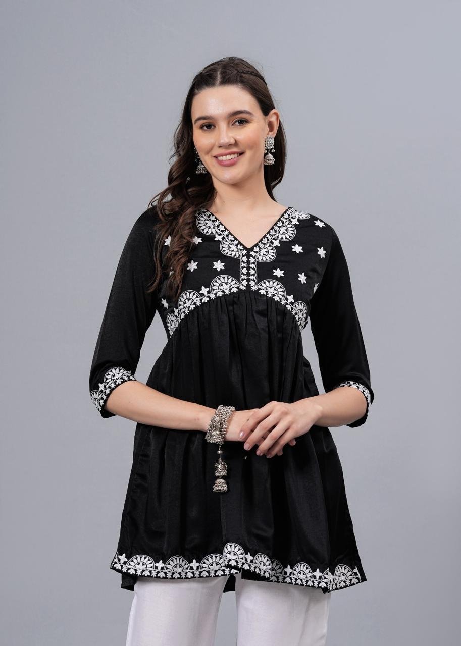 black-w1 Women’s Black Embroidered Rayon Flared Kurta | 3/4 Sleeve Ethnic Kurti - Image 1
