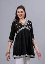 Women’s Black Embroidered Rayon Flared Kurta | 3/4 Sleeve Ethnic Kurti - Image 4