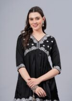 Women’s Black Embroidered Rayon Flared Kurta | 3/4 Sleeve Ethnic Kurti - Image 2
