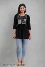 Women’s Rayon Embroidered Black Kurta | 3/4 Sleeve Flared Kurta - Image 2