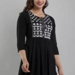 Women’s Rayon Embroidered Black Kurta | 3/4 Sleeve Flared Kurta