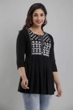 Women’s Rayon Embroidered Black Kurta | 3/4 Sleeve Flared Kurta