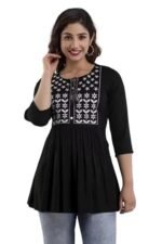 Women’s Rayon Embroidered Black Kurta | 3/4 Sleeve Flared Kurta - Image 3