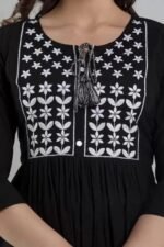 Women’s Rayon Embroidered Black Kurta | 3/4 Sleeve Flared Kurta - Image 4