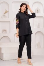 Black Floral Embroidered Straight Kurta Pant Set - Image 5