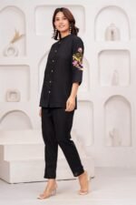 Black Floral Embroidered Straight Kurta Pant Set - Image 2