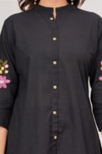 Black Floral Embroidered Straight Kurta Pant Set - Image 4