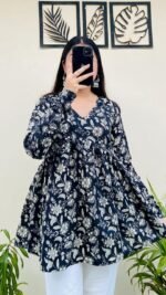 Women’s Navy Blue Floral Printed Rayon Kurta - Image 4