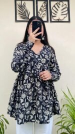 Women’s Navy Blue Floral Printed Rayon Kurta