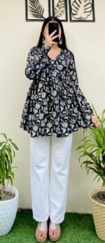 Women’s Navy Blue Floral Printed Rayon Kurta - Image 2
