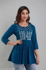 Women’s Rayon Embroidered Flared Kurti – Blue - Image 4