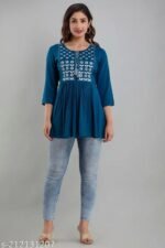 Women’s Rayon Embroidered Flared Kurti – Blue - Image 2