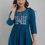 Women’s Rayon Embroidered Flared Kurti – Blue