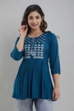 Women’s Rayon Embroidered Flared Kurti – Blue