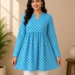 Blue Cotton Floral Printed A-Line Kurti | Full Sleeve V-Neck