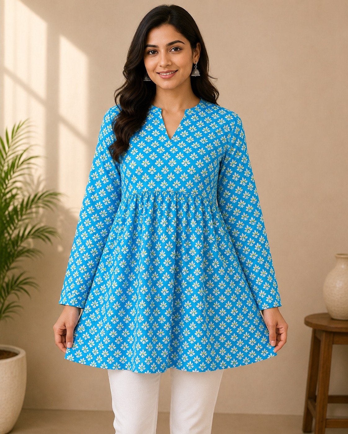 blue-cotton1(A) Blue Cotton Floral Printed A-Line Kurti | Full Sleeve V-Neck - Image 1