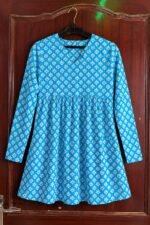 Blue Cotton Floral Printed A-Line Kurti | Full Sleeve V-Neck - Image 4