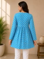 Blue Cotton Floral Printed A-Line Kurti | Full Sleeve V-Neck - Image 2