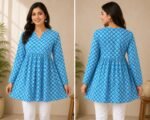 Blue Cotton Floral Printed A-Line Kurti | Full Sleeve V-Neck - Image 5