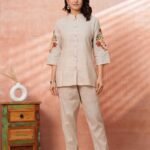 Beige Floral Embroidered Straight Kurta Pant Set | 3/4 Sleeve Ethnic Wear