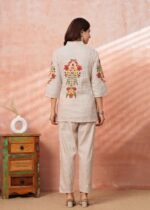 Beige Floral Embroidered Straight Kurta Pant Set | 3/4 Sleeve Ethnic Wear - Image 3