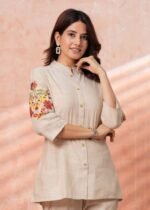 Beige Floral Embroidered Straight Kurta Pant Set | 3/4 Sleeve Ethnic Wear - Image 2