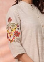 Beige Floral Embroidered Straight Kurta Pant Set | 3/4 Sleeve Ethnic Wear - Image 4