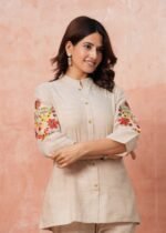 Beige Floral Embroidered Straight Kurta Pant Set | 3/4 Sleeve Ethnic Wear - Image 5