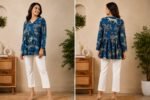 Turquoise Blue Cotton Floral Printed A-Line Kurti | Full Sleeve V-Neck - Image 3