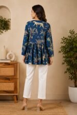 Turquoise Blue Cotton Floral Printed A-Line Kurti | Full Sleeve V-Neck - Image 2