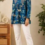 Turquoise Blue Cotton Floral Printed A-Line Kurti | Full Sleeve V-Neck