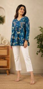 Turquoise Blue Cotton Floral Printed A-Line Kurti | Full Sleeve V-Neck