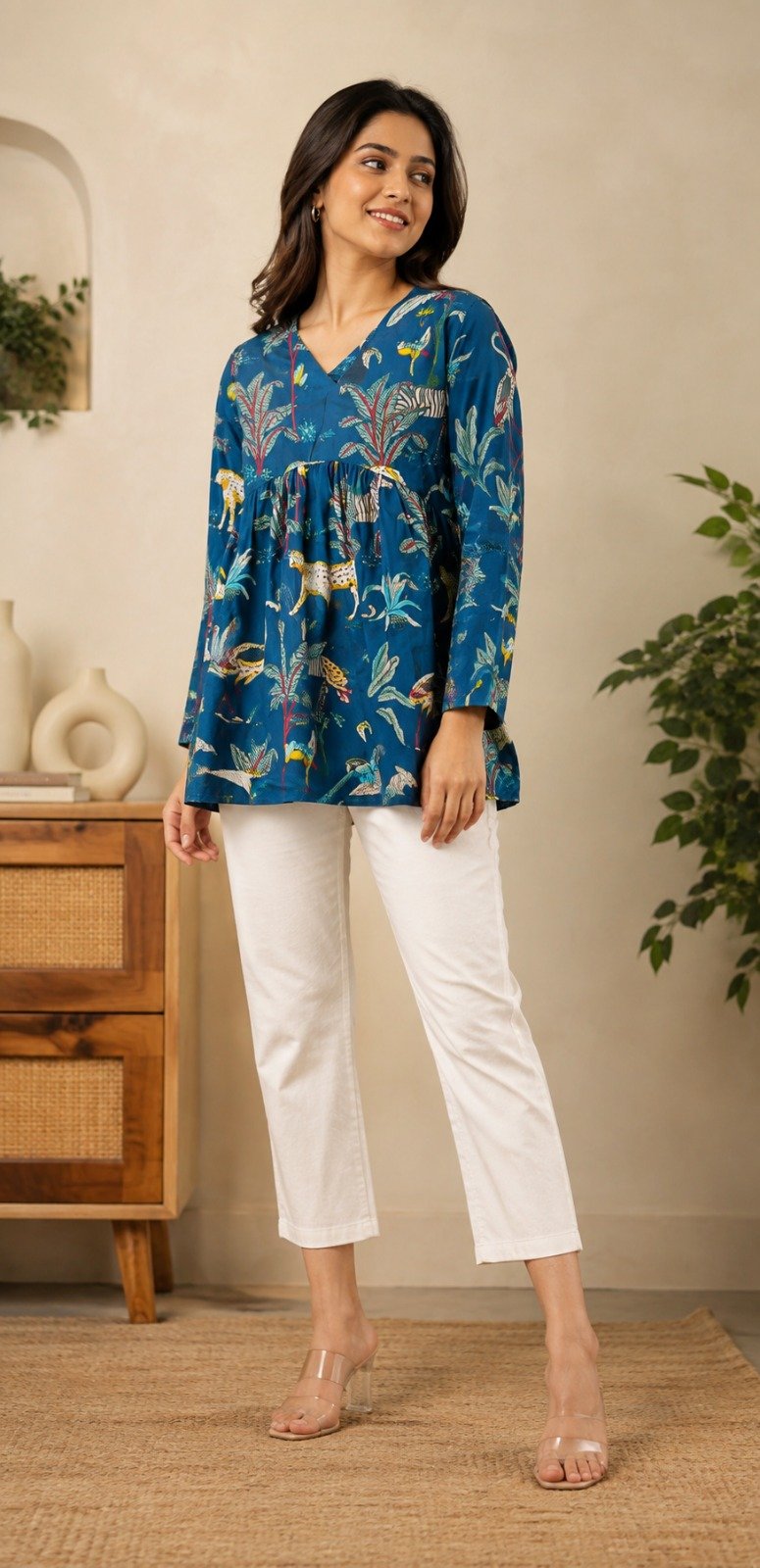 dgrn-cotton3(C) Turquoise Blue Cotton Floral Printed A-Line Kurti | Full Sleeve V-Neck - Image 1