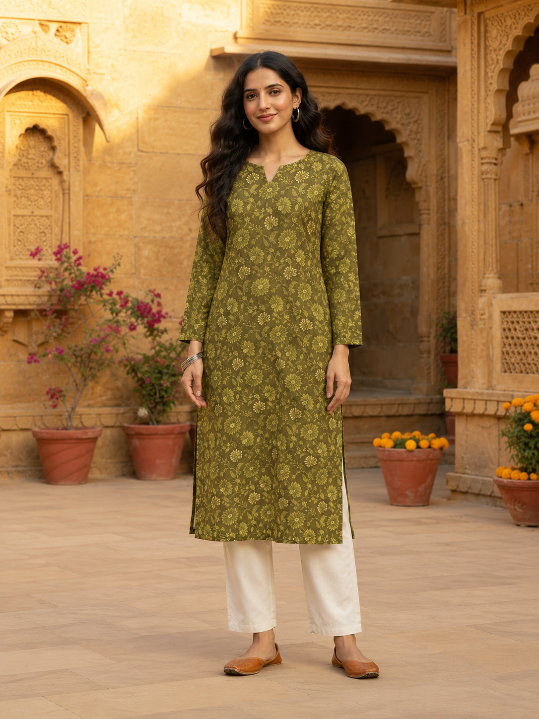 dgrn-hlf-fula(B) Women’s Floral Printed Cotton Straight Kurti – Half & Full Sleeves - Image 1