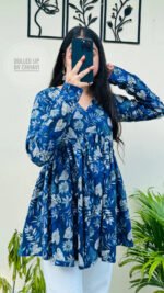 Women’s Blue Floral Printed Rayon Flared Top | Full Sleeve Casual Top - Image 4