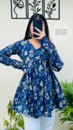 Women’s Blue Floral Printed Rayon Flared Top | Full Sleeve Casual Top - Image 3