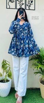 Women’s Blue Floral Printed Rayon Flared Top | Full Sleeve Casual Top - Image 2