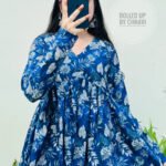 Women’s Blue Floral Printed Rayon Flared Top | Full Sleeve Casual Top