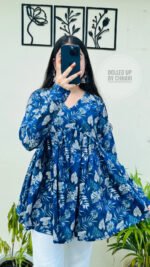 Women’s Blue Floral Printed Rayon Flared Top | Full Sleeve Casual Top