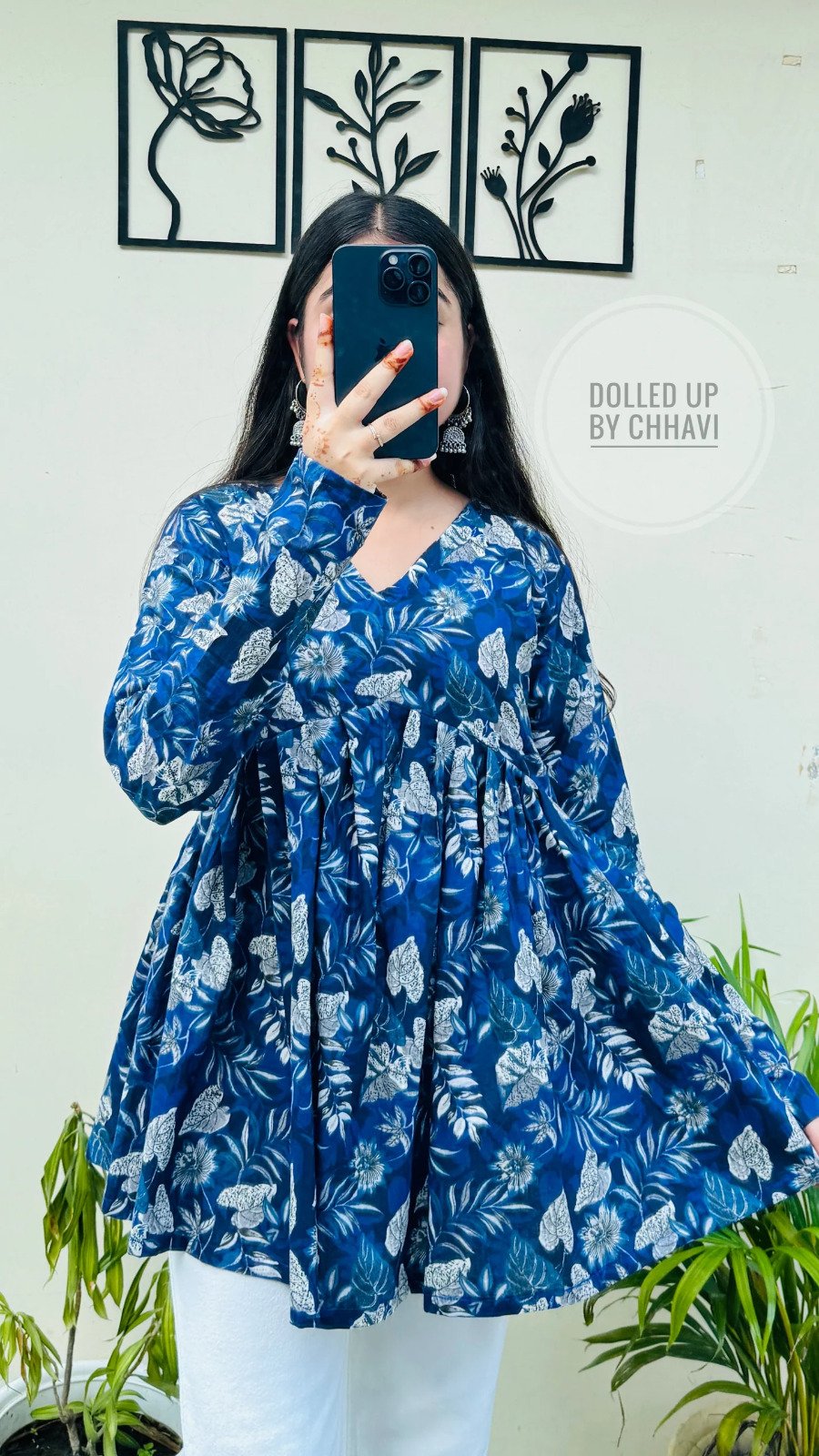 flo-blu-4(D) Women’s Blue Floral Printed Rayon Flared Top | Full Sleeve Casual Top - Image 1