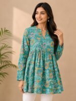Turquoise Blue Cotton Floral Printed A-Line Kurti | Full Sleeve V-Neck - Image 3