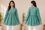Turquoise Blue Cotton Floral Printed A-Line Kurti | Full Sleeve V-Neck - Image 2
