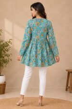 Turquoise Blue Cotton Floral Printed A-Line Kurti | Full Sleeve V-Neck - Image 4